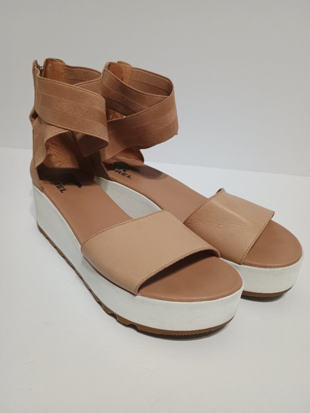 Sorel Cameron Platform Wedge Sandals Women's Tan Leather Criss Cross Elastic